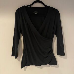 Lauren Ralph Lauren Black Faux-Wrap 3/4 Sleeve Top